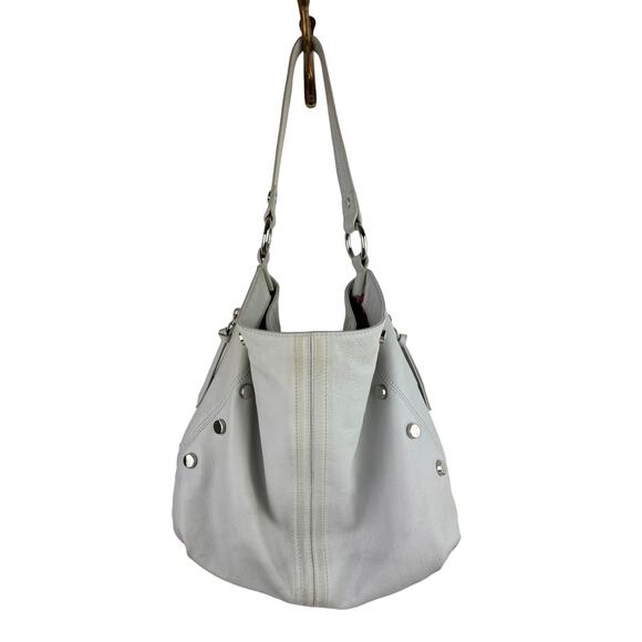 B. Makowsky Bone Handbag Leather Studded Pockets Handle Shoulder Hobo Bag USED - Picture 1 of 12